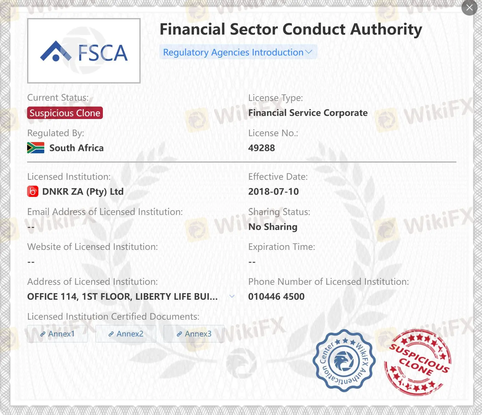 Giấy phép FSCA bản sao đáng ngờ Giấy phép FSCA bản sao đáng ngờ