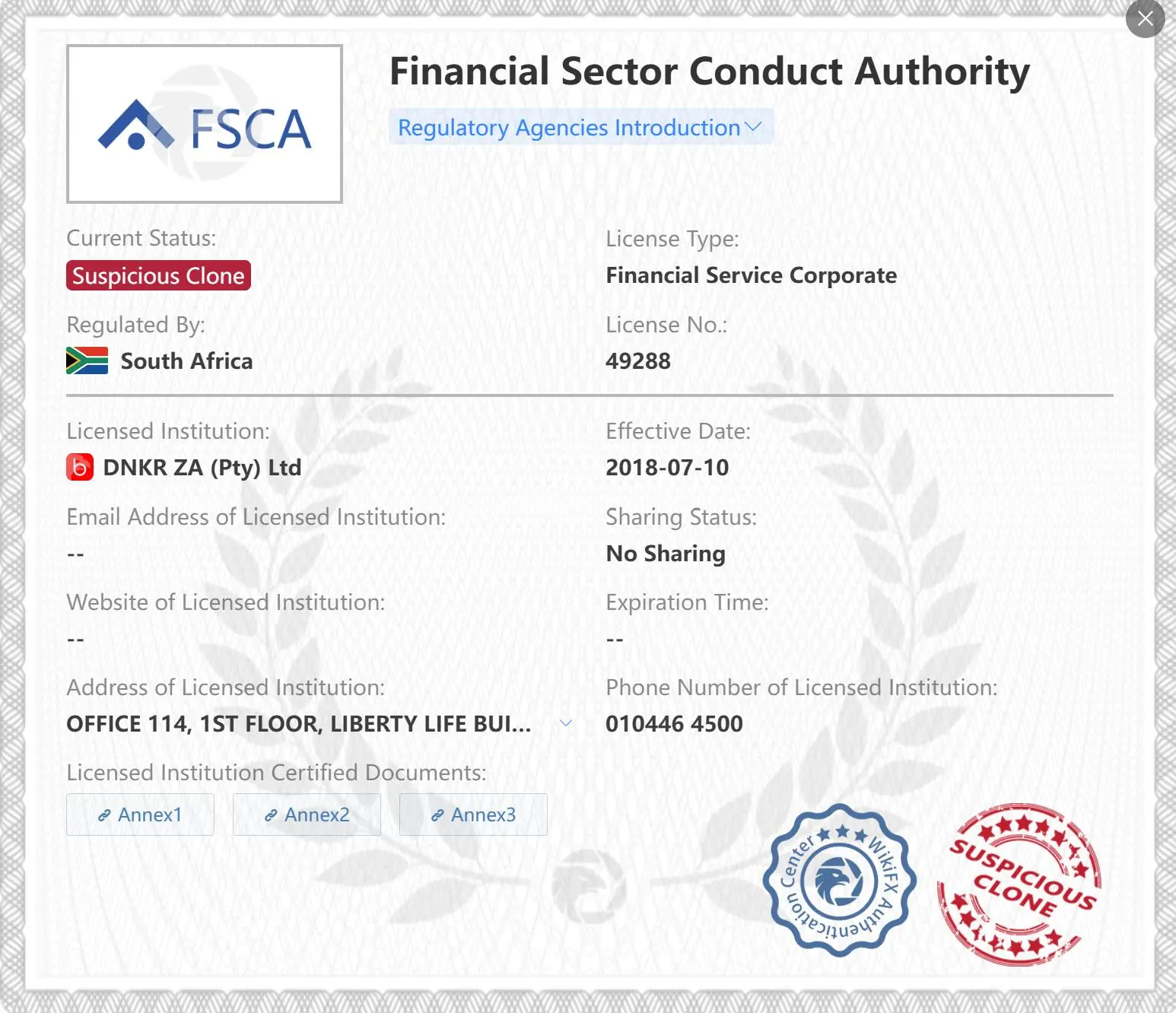 Suspicious clone FSCA license Suspicious clone FSCA license
