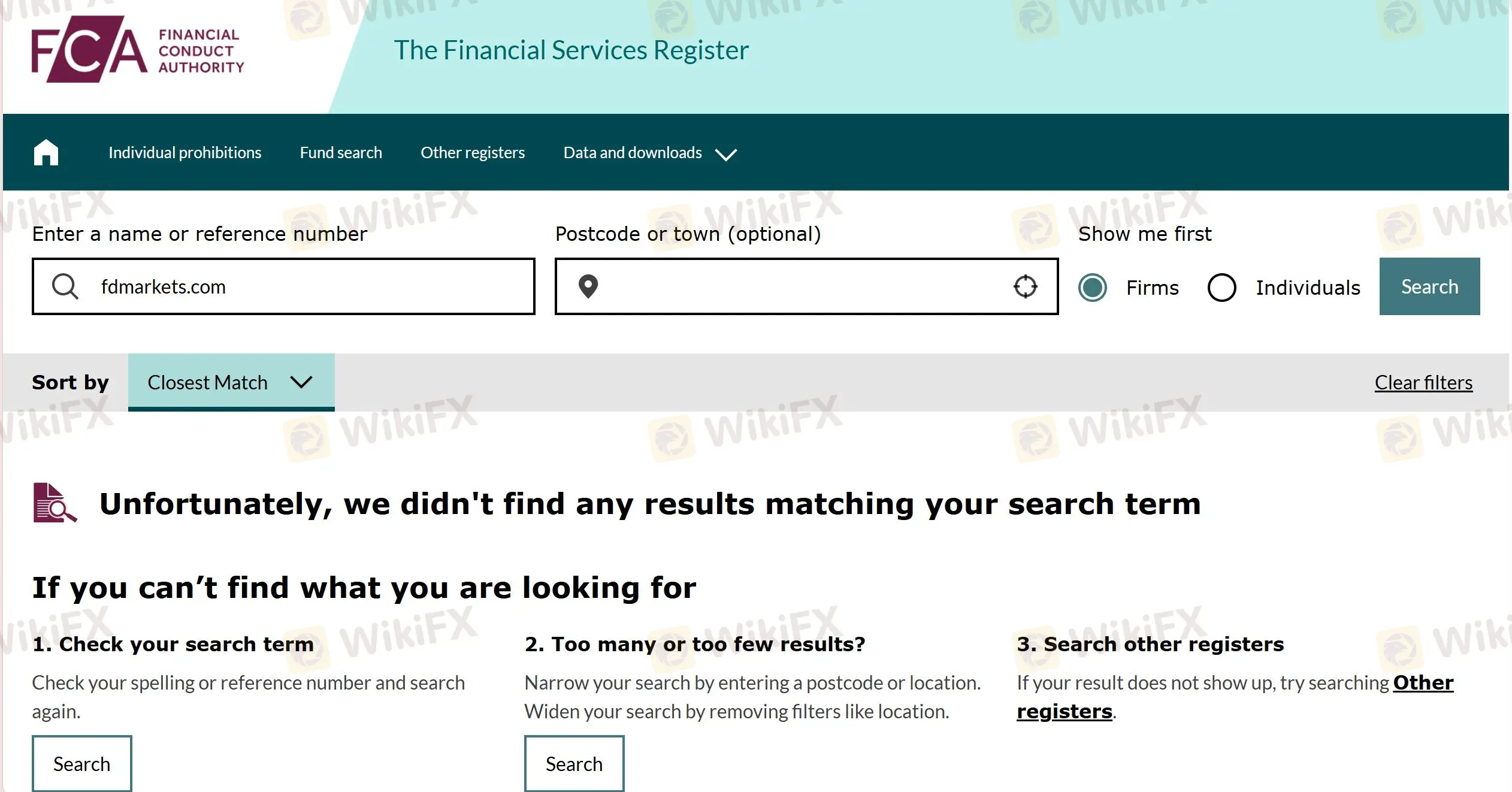  No results from the FCA