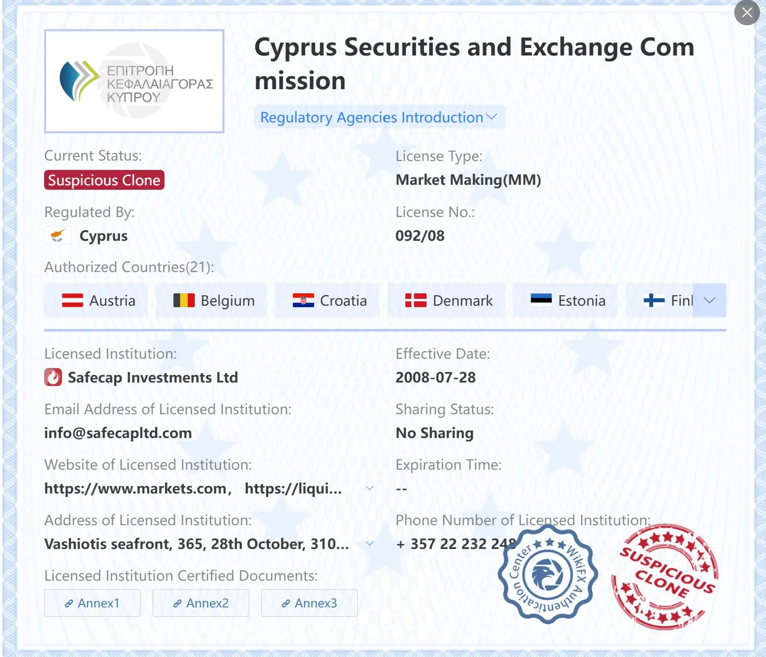 Licence suspecte de clone CySEC Licence suspecte de clone CySEC