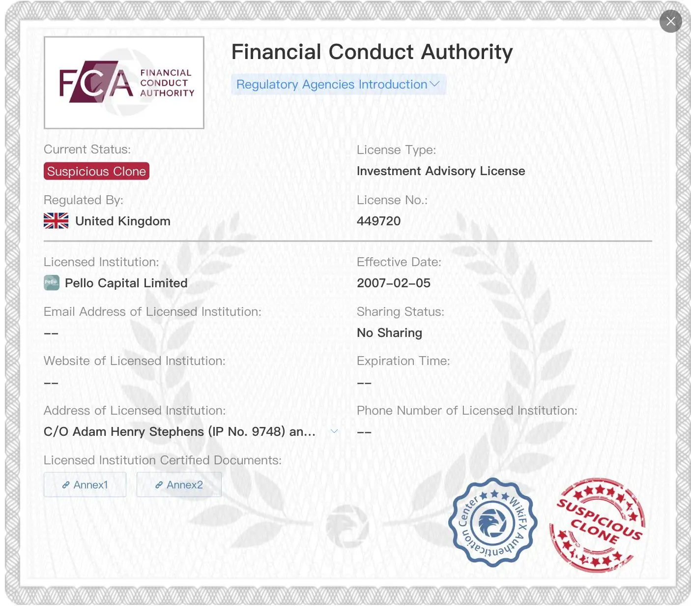 Suspicious clone FCA license Suspicious clone FCA license