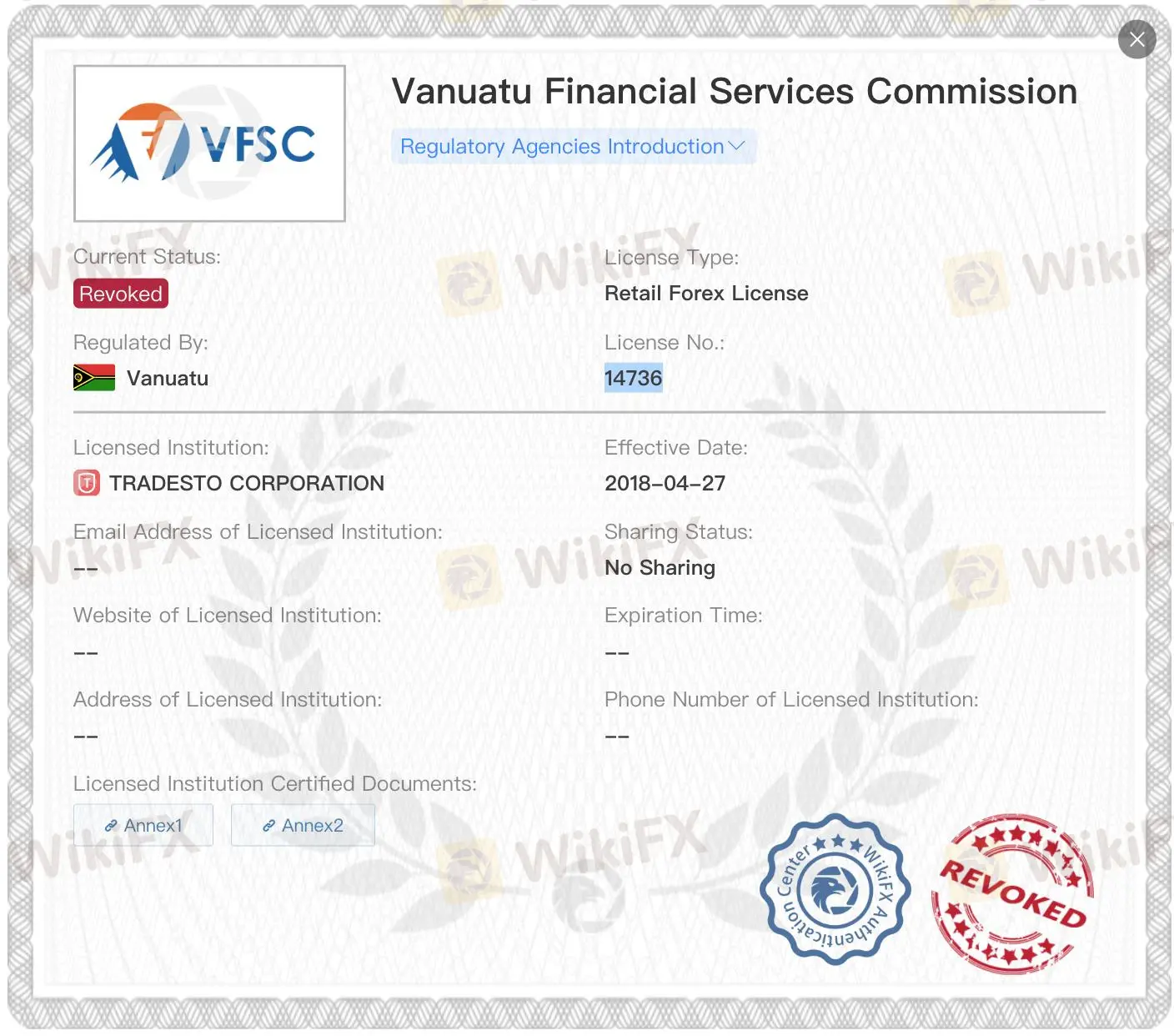 Аннулированная лицензия VFSC