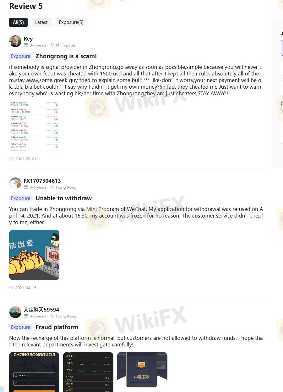 Đánh giá tiêu cực về Zhongrong trên WikiFX