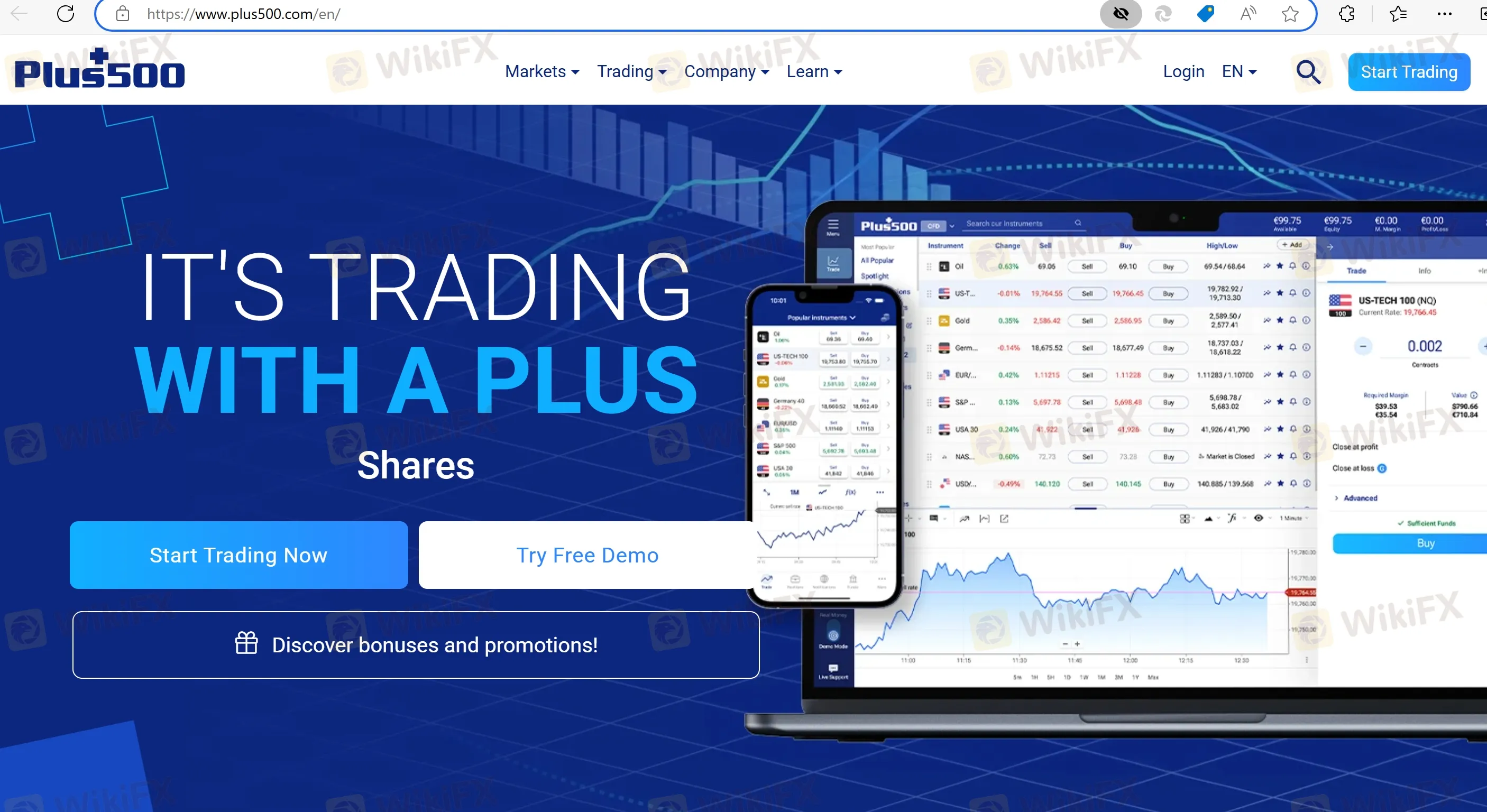Plus500's home page Plus500's home page