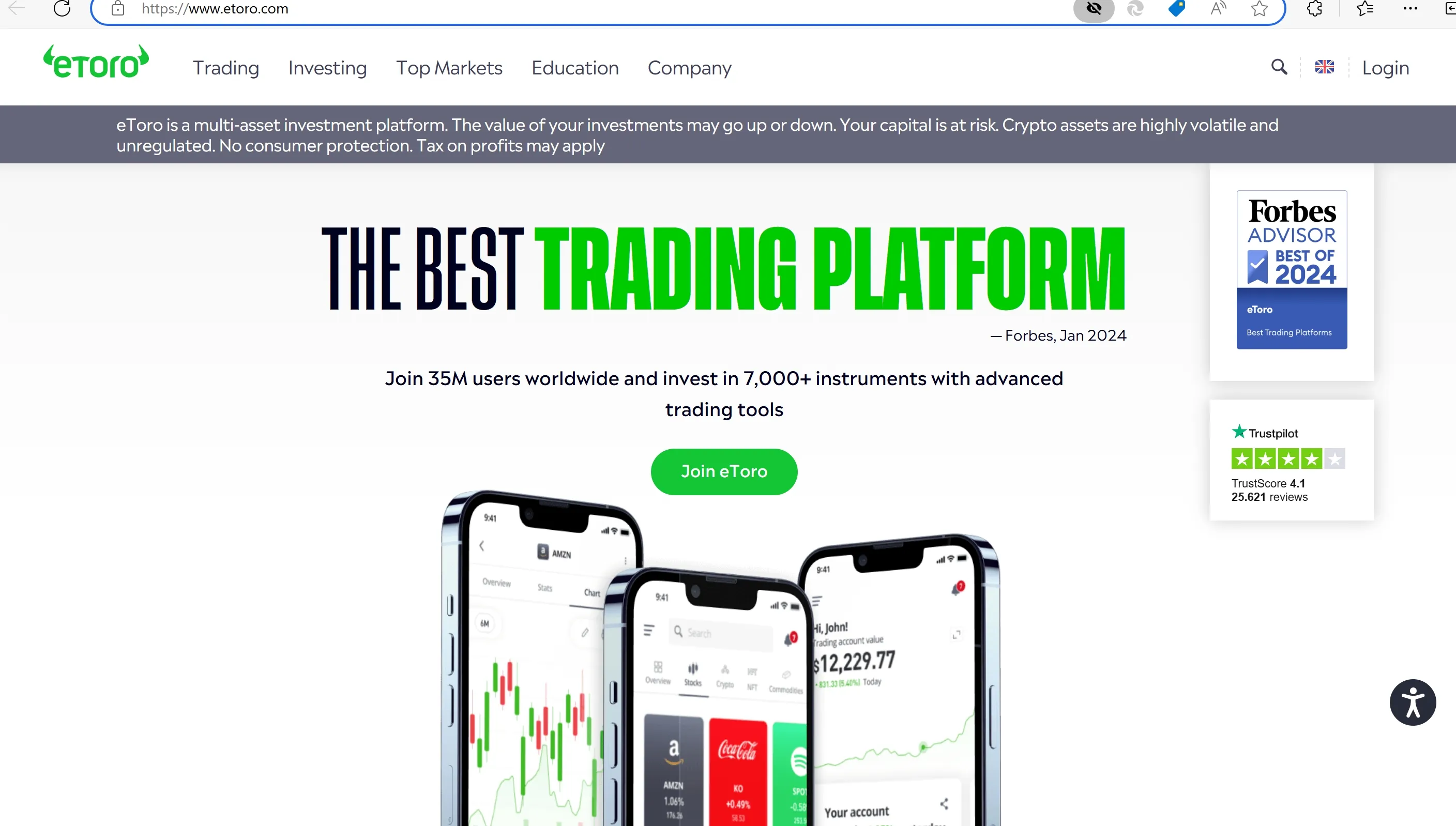 Trang chủ của eToro Trang chủ của eToro
