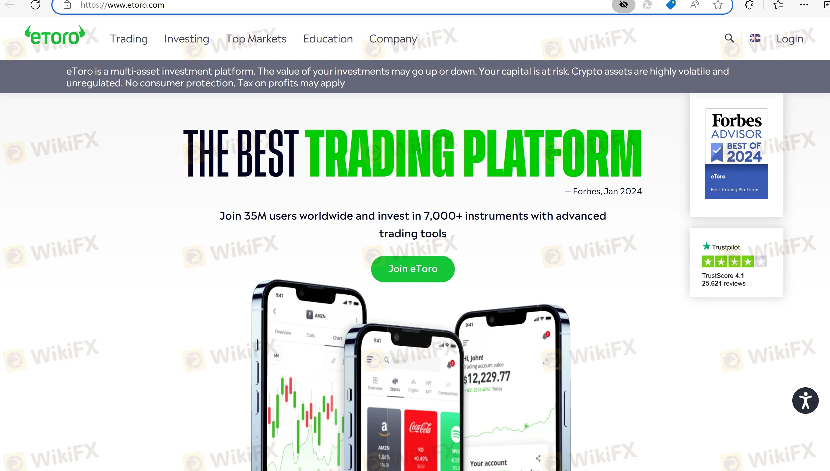 صفحة البداية لـ eToro