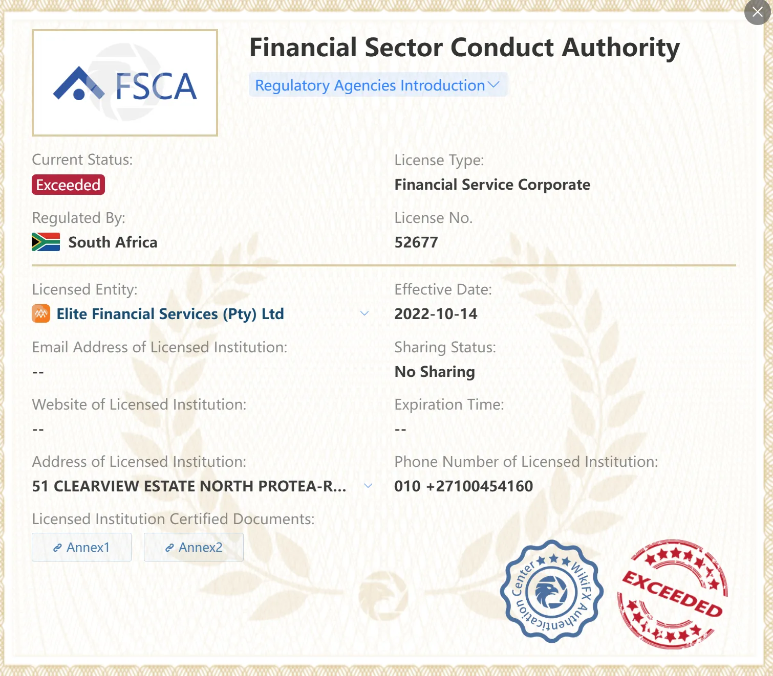Licence FSCA dépassée Licence FSCA dépassée