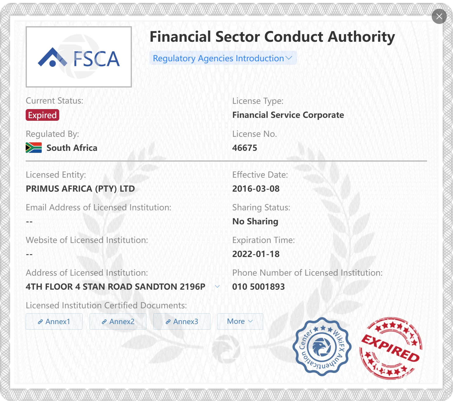 Expired FSCA license Expired FSCA license