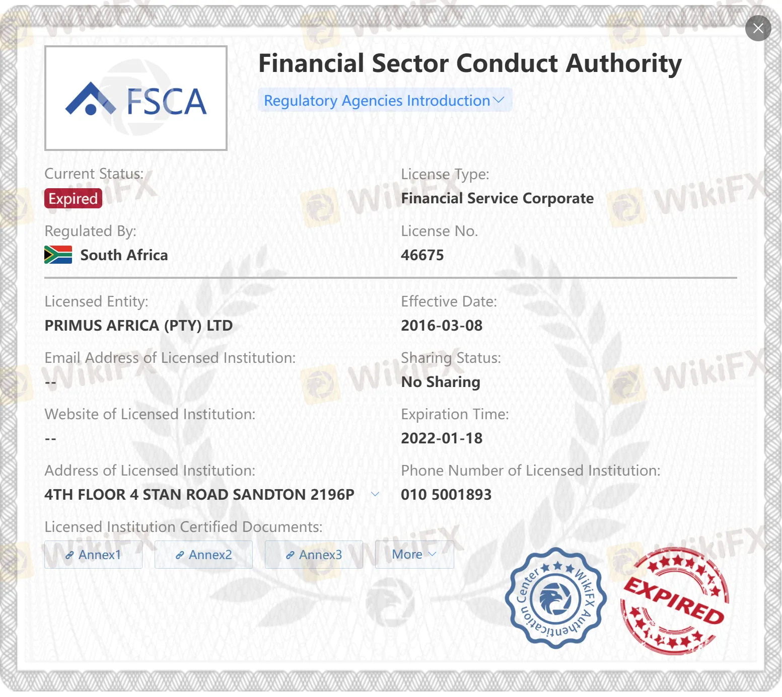 Expired FSCA license