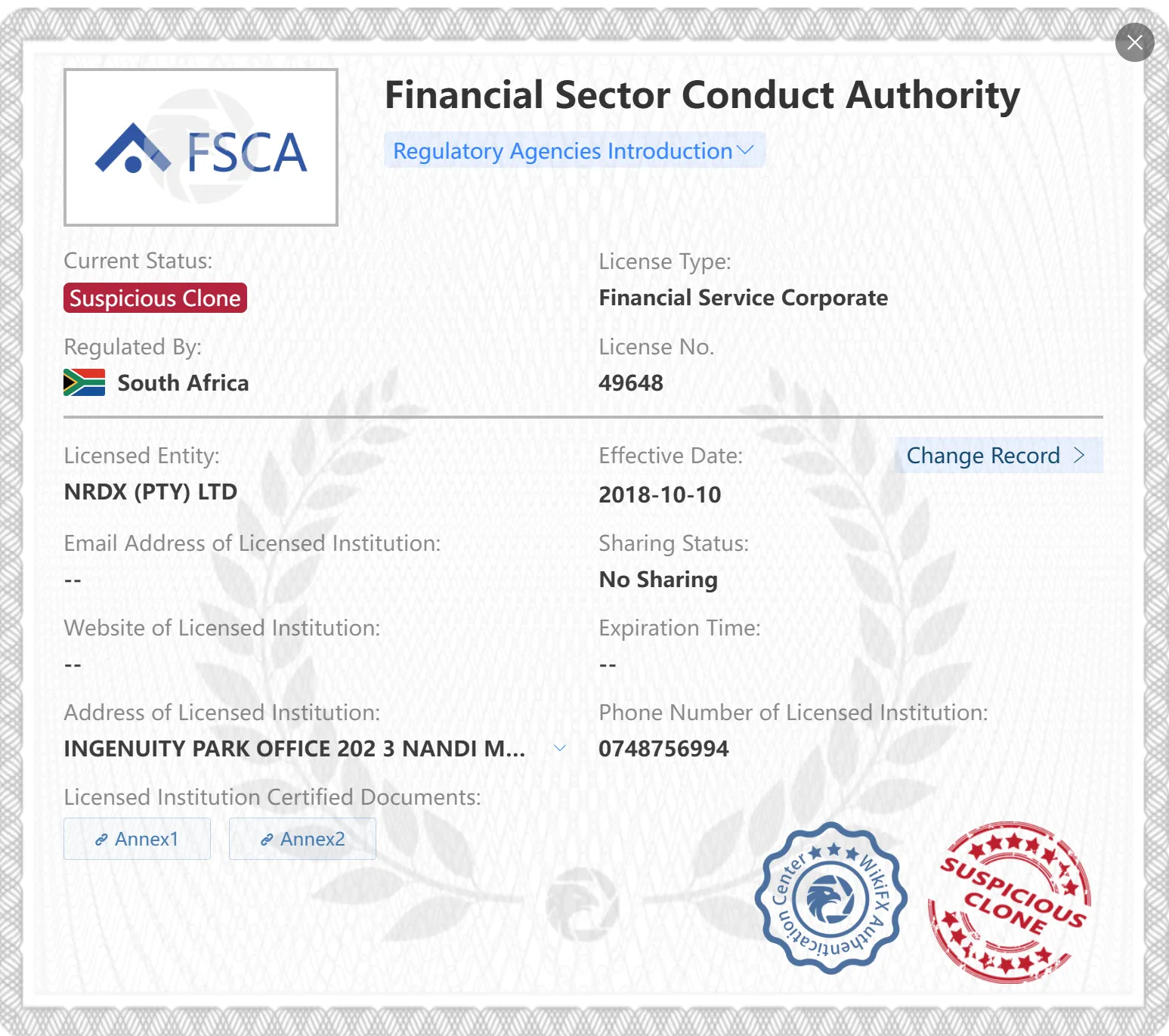 Lisensi Klon Mencurigakan FSCA