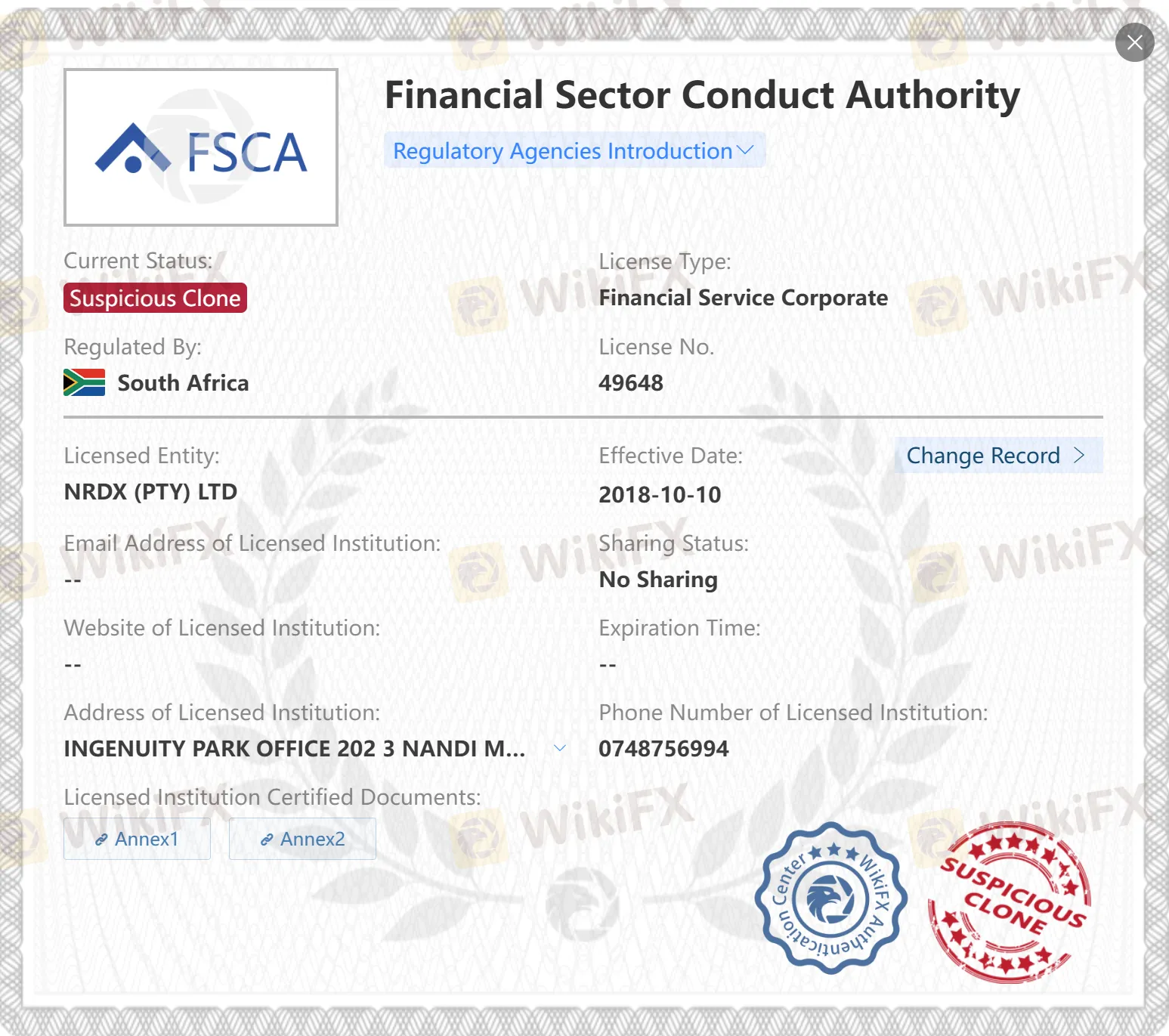Suspicious Clone FSCA license