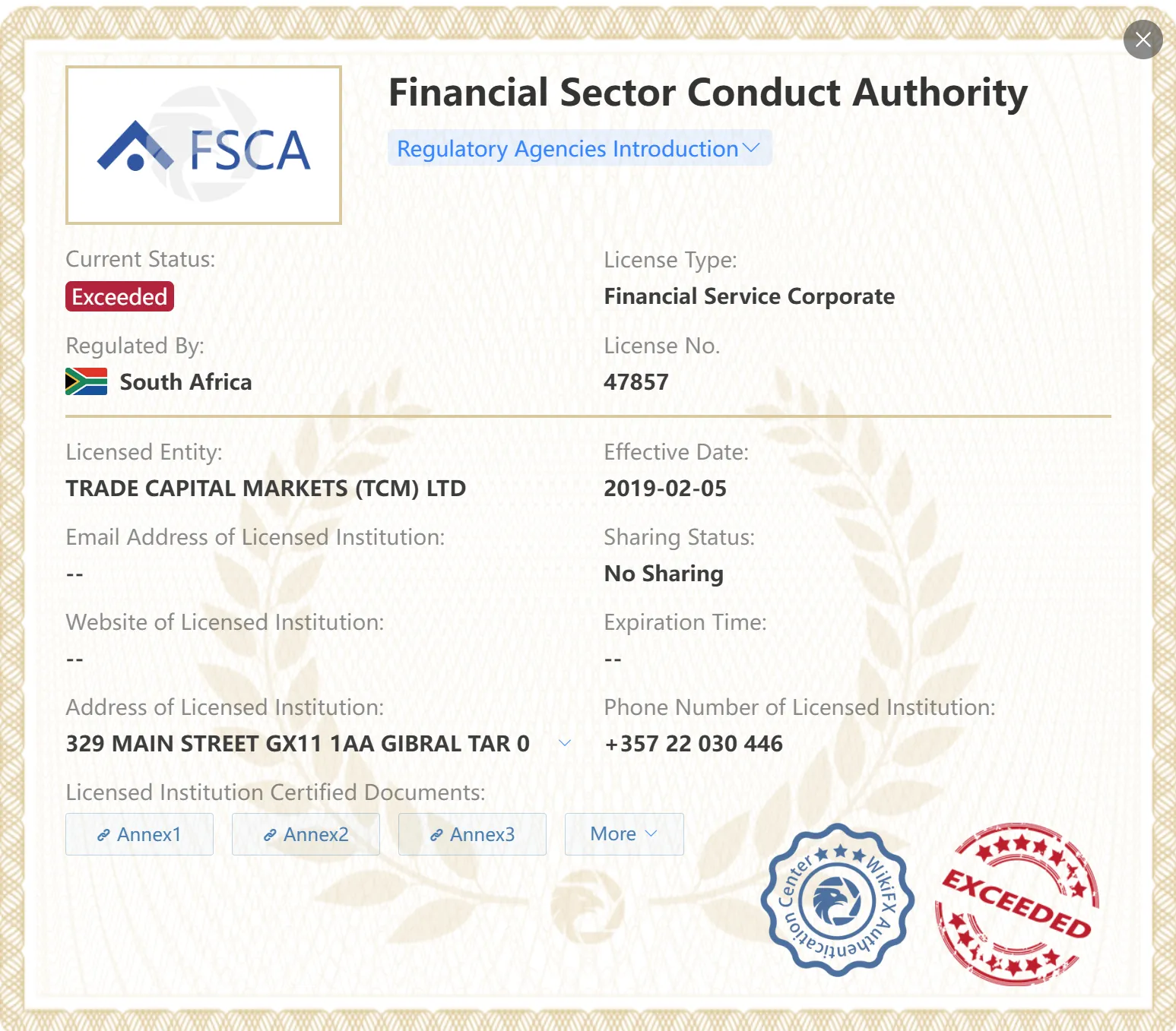 Exceeded FSCA license Exceeded FSCA license
