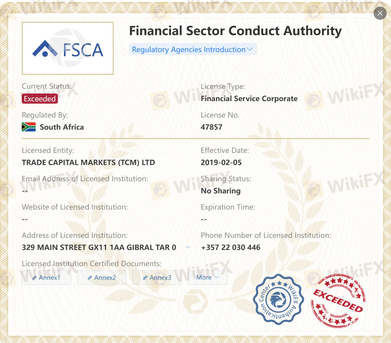 Exceeded FSCA license