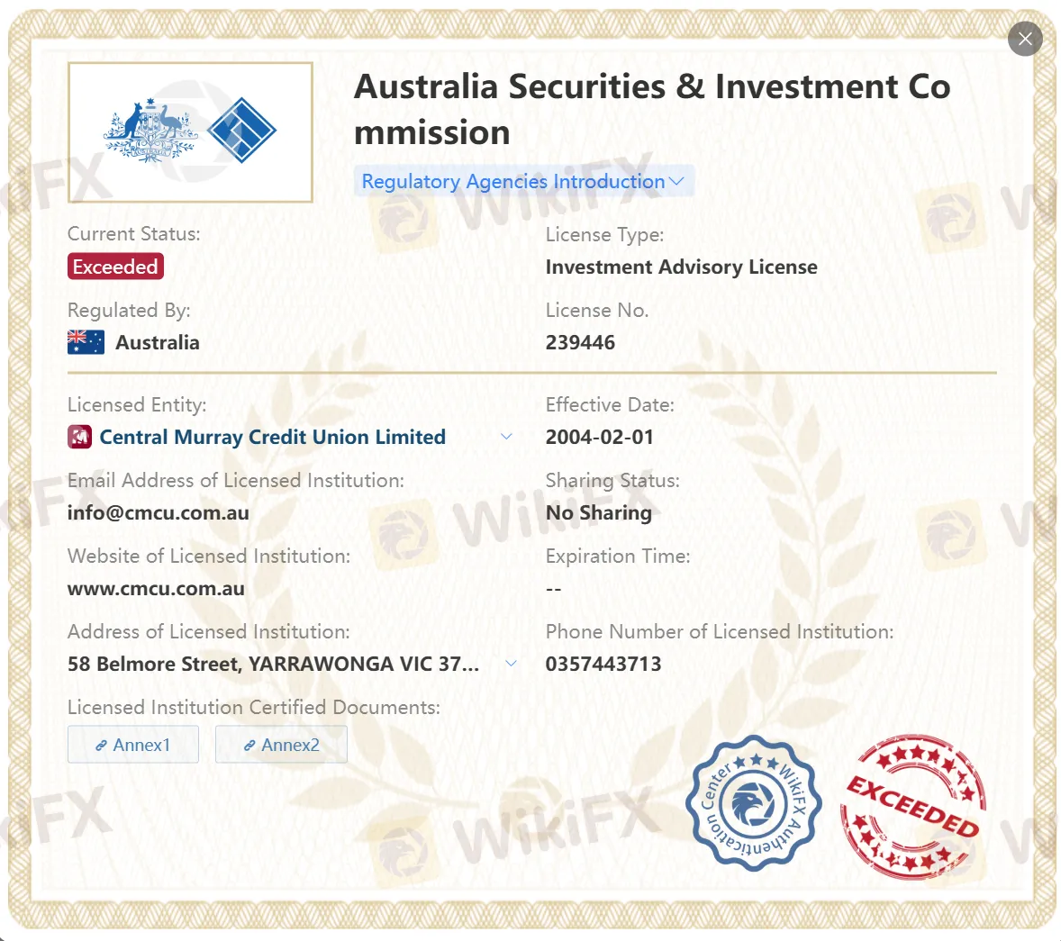 Exceeded ASIC license