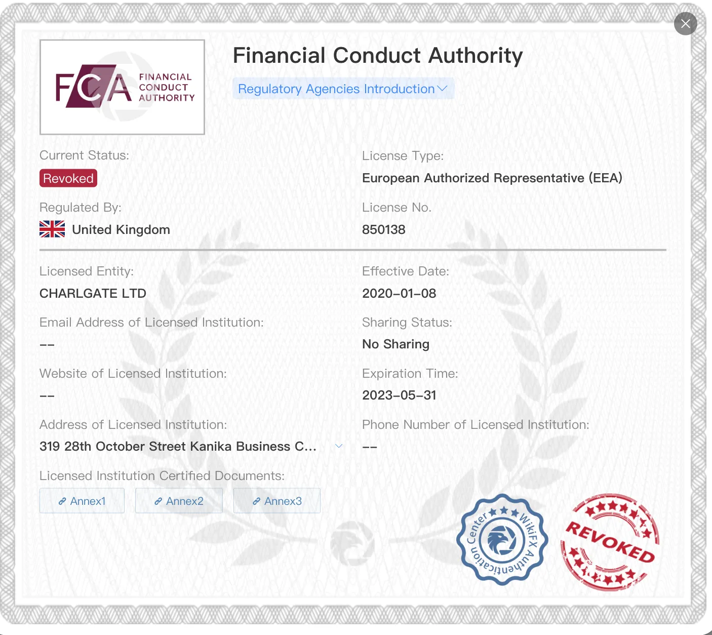 Revoked FCA license Revoked FCA license