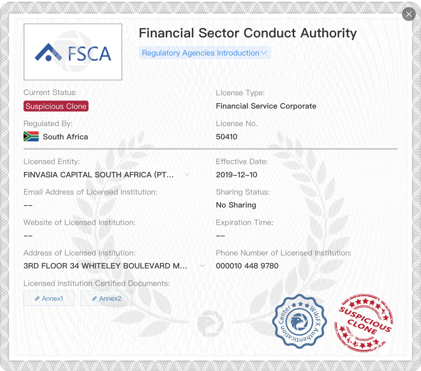 Suspicious clone FSCA license Suspicious clone FSCA license