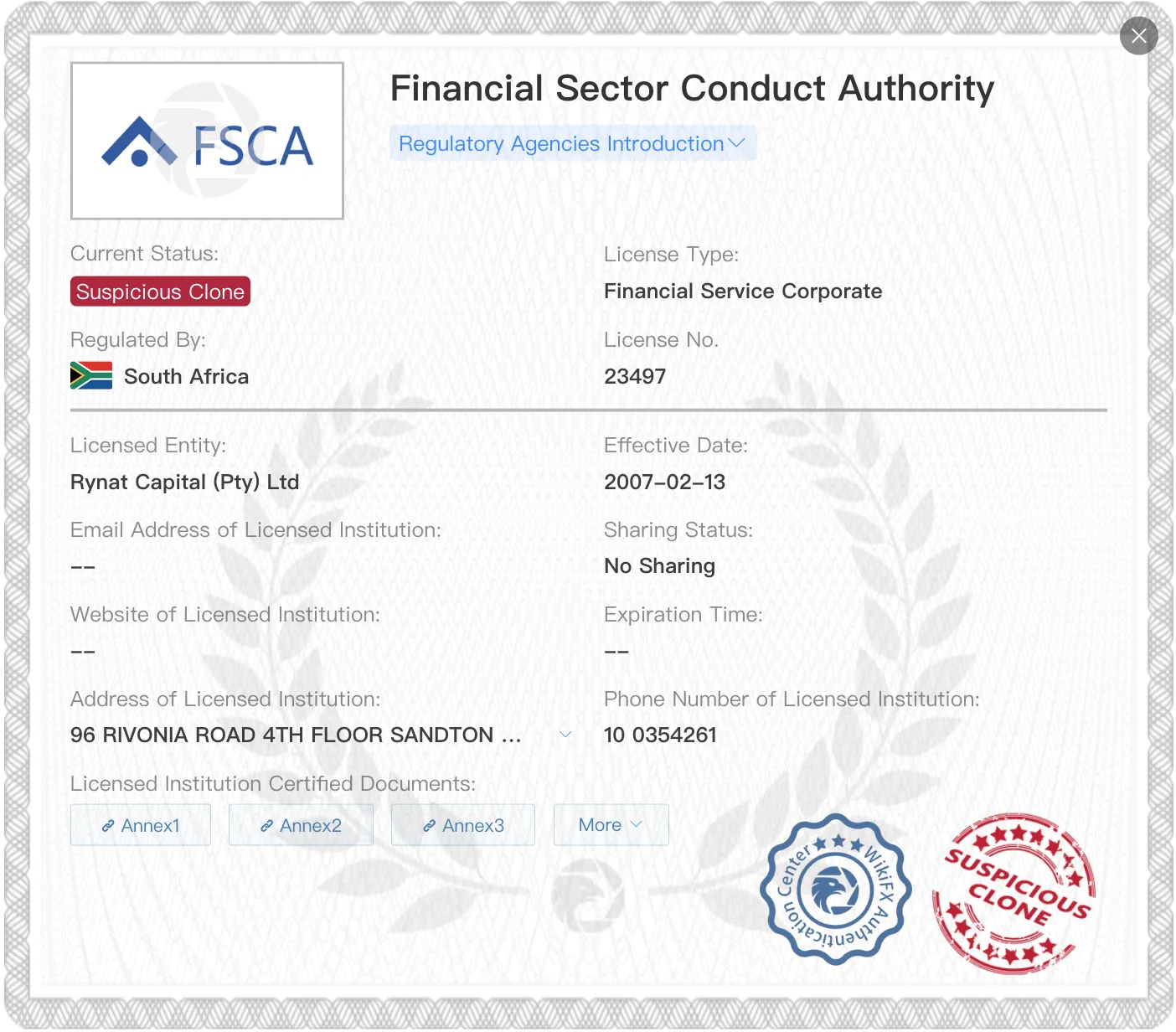 ใบอนุญาตโบรกเกอร์ลอน FSCA