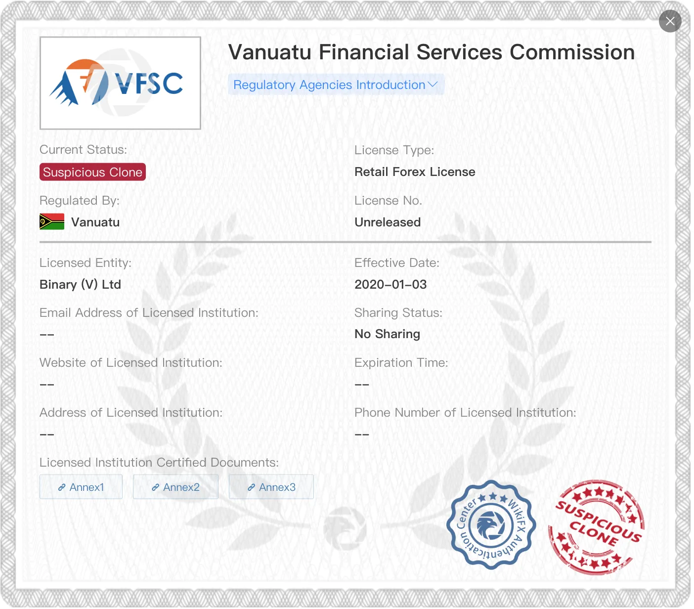 Verdächtige Kopie der VFSC-Lizenz