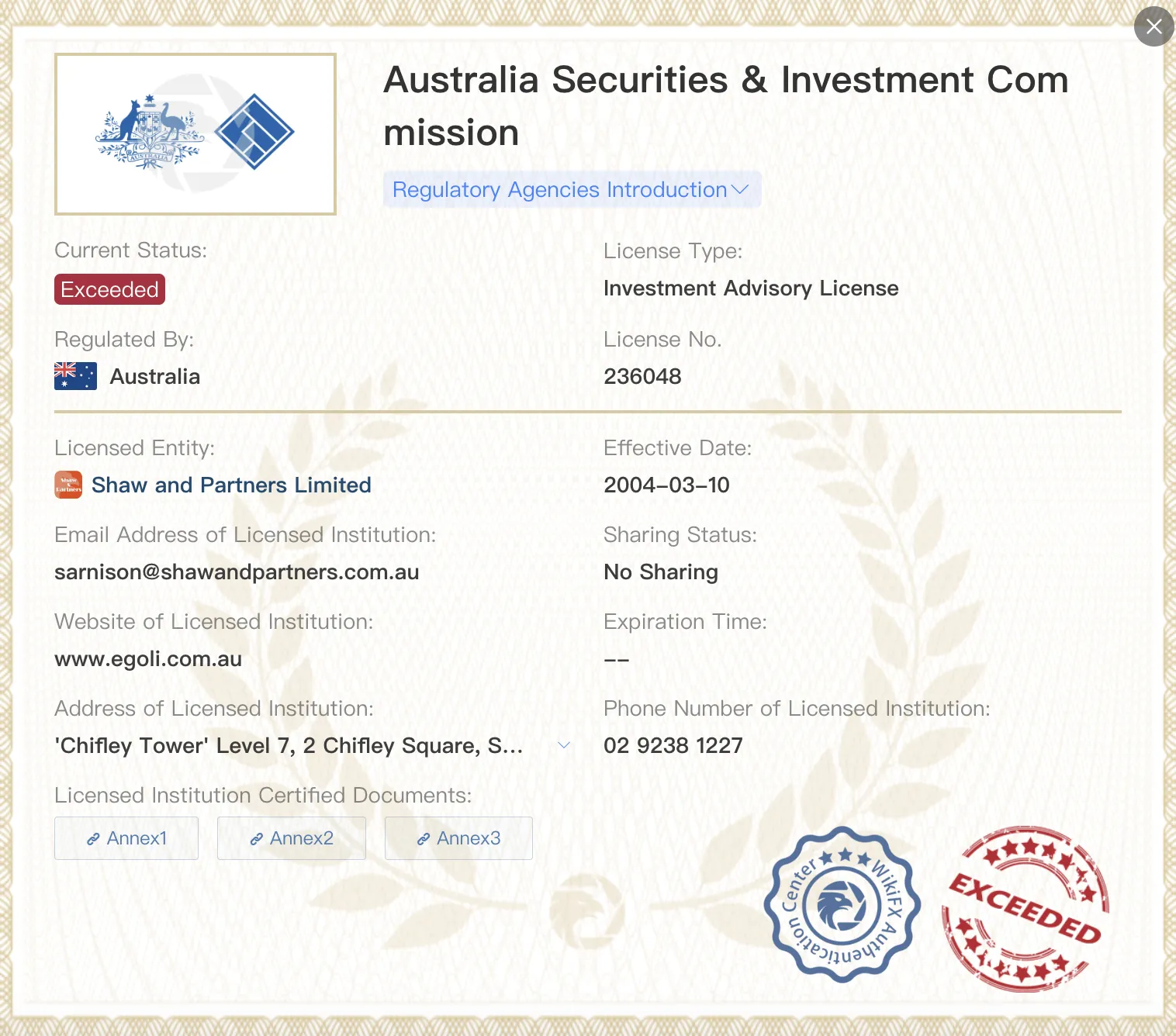 已超出 ASIC 許可證
