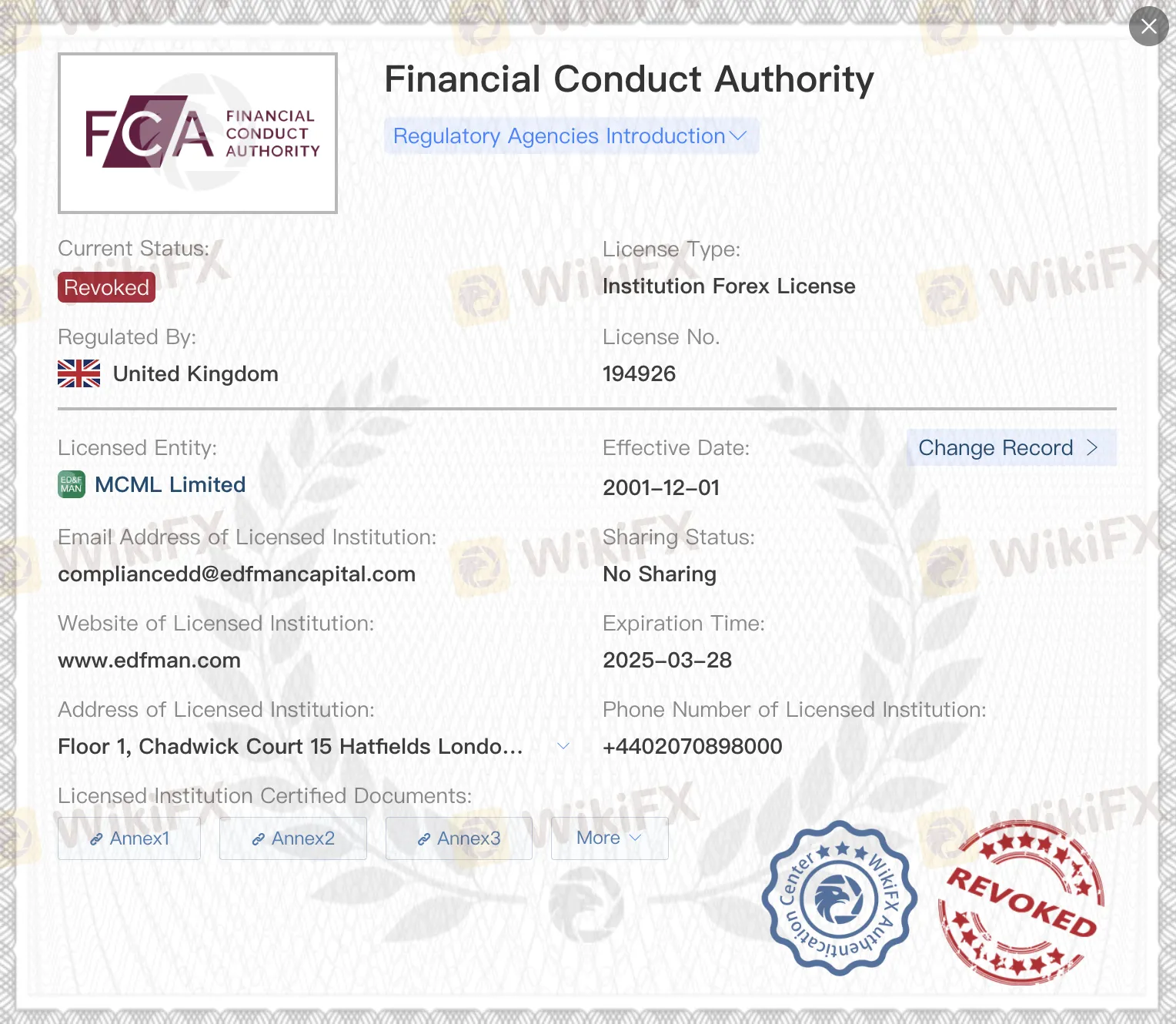 ใบอนุญาต FCA ถูกเพิกถอน