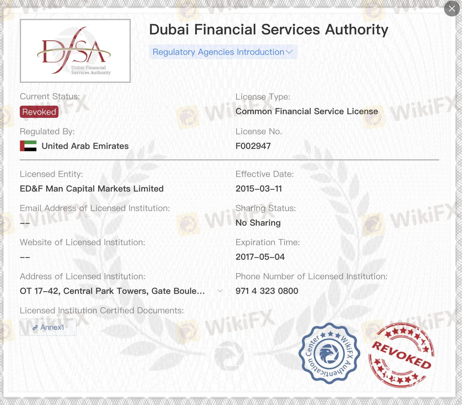 ใบอนุญาต DFSA ถูกเพิกถอน