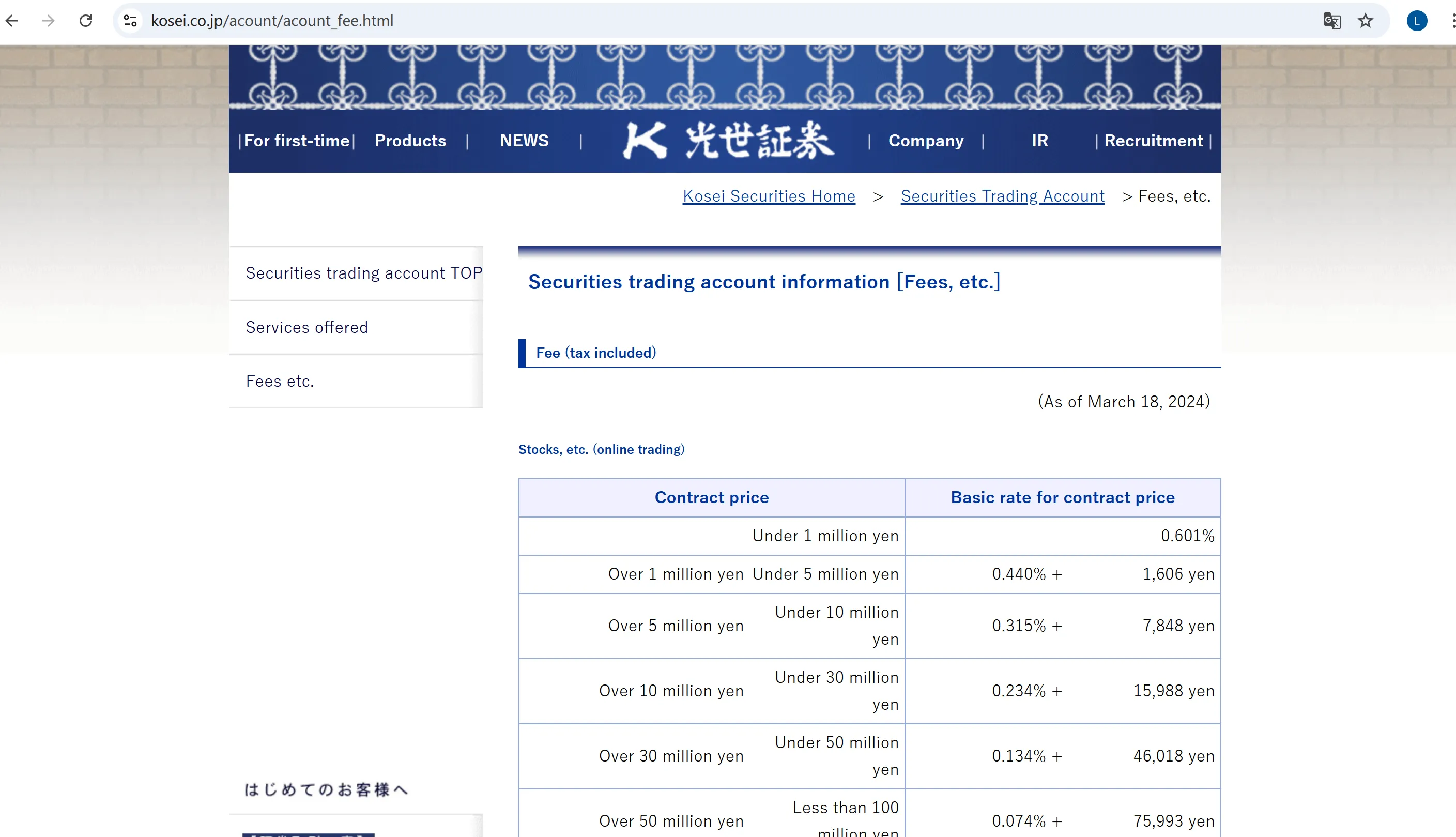 Tarifas de KOSEI SECURITIES