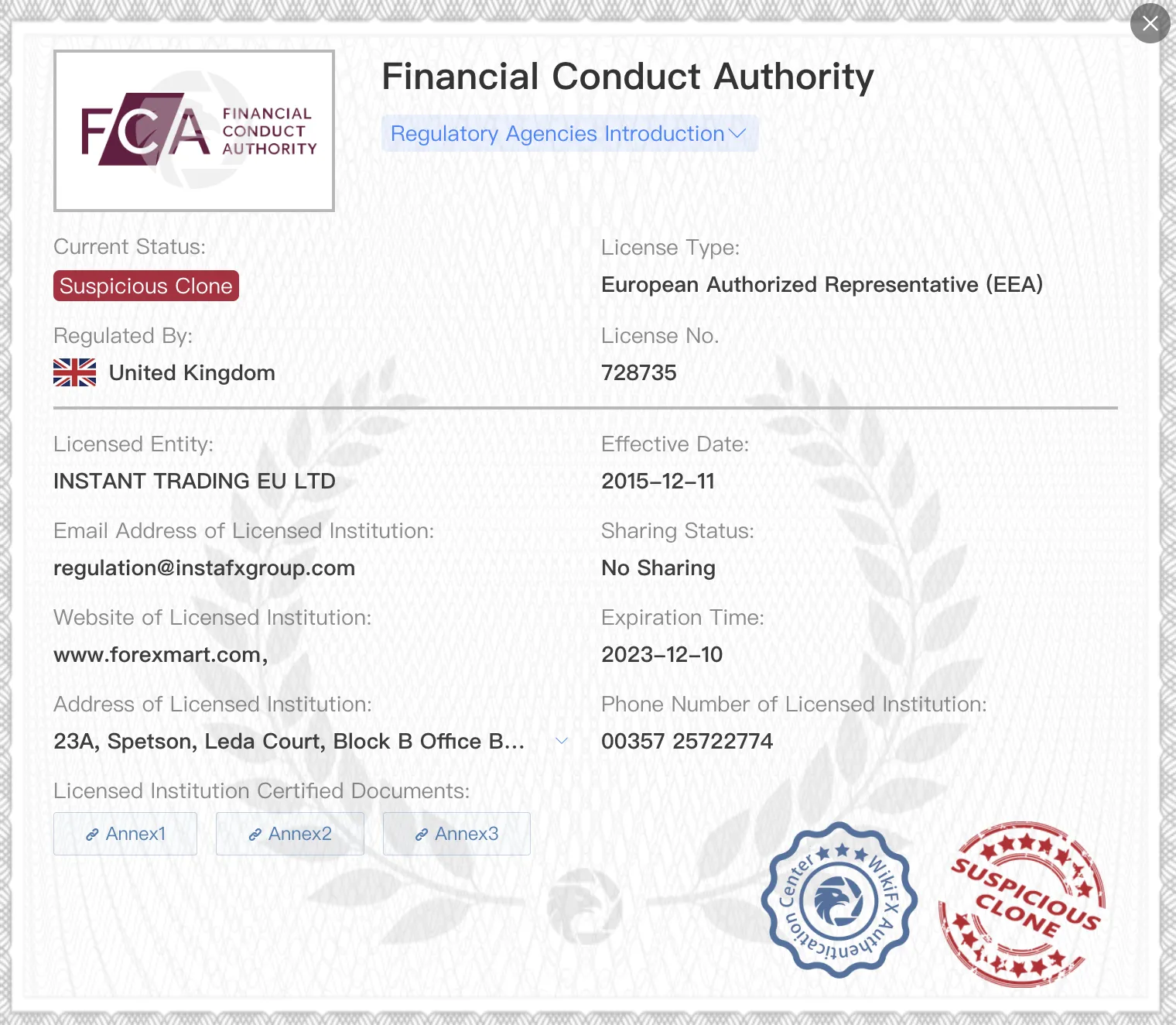Licence suspecte clone FCA Licence suspecte clone FCA