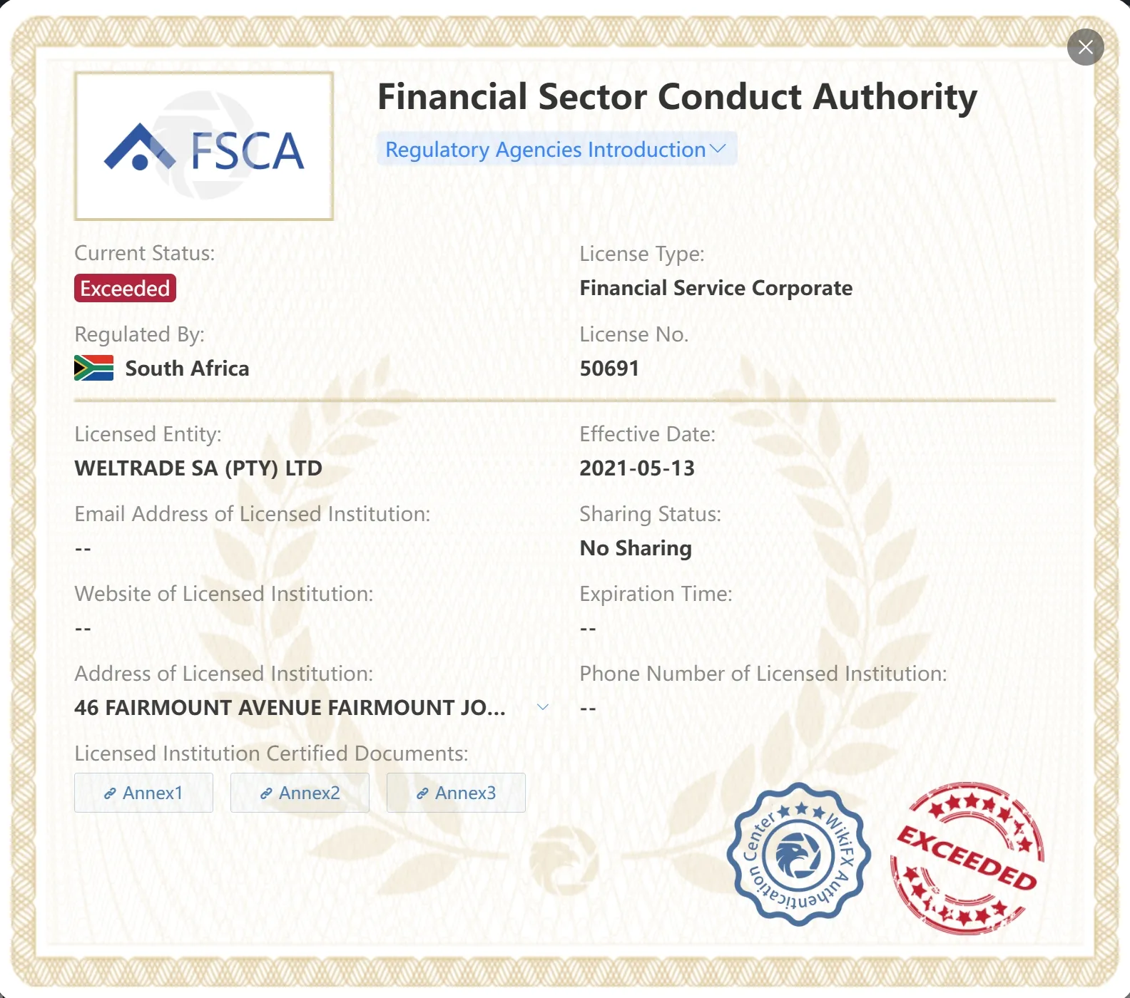 Exceeded FSCA license Exceeded FSCA license