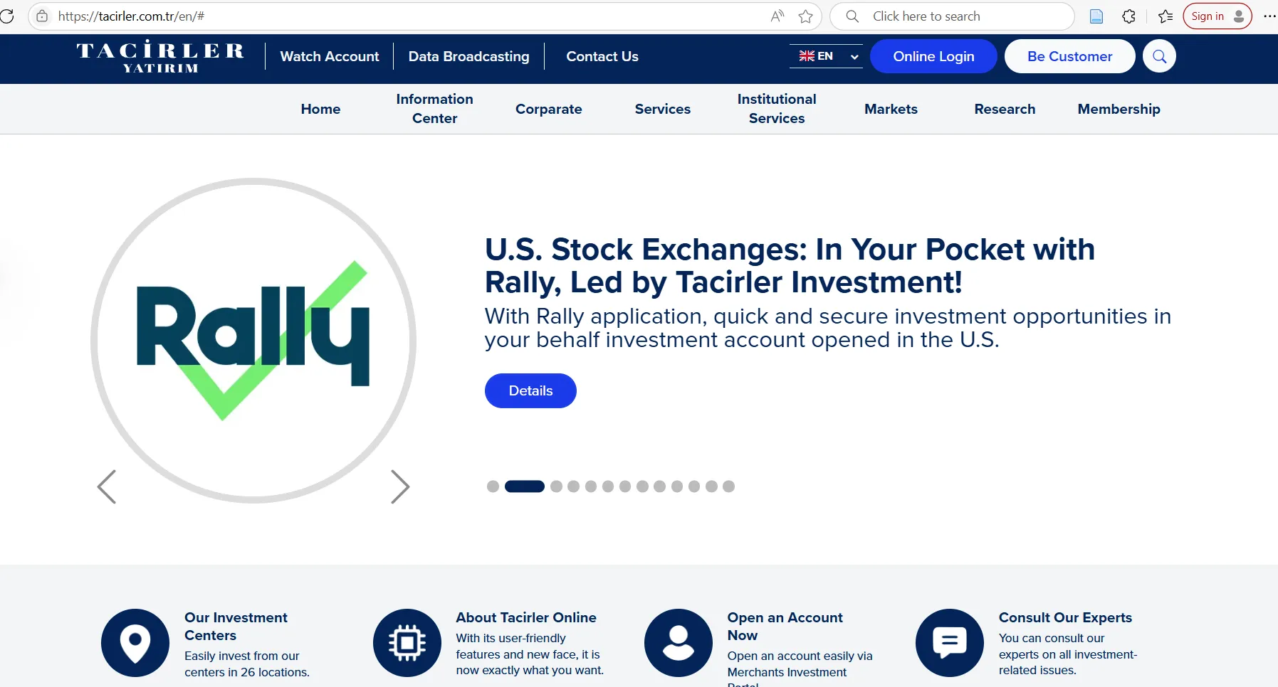 Tacirler Investment's homepage