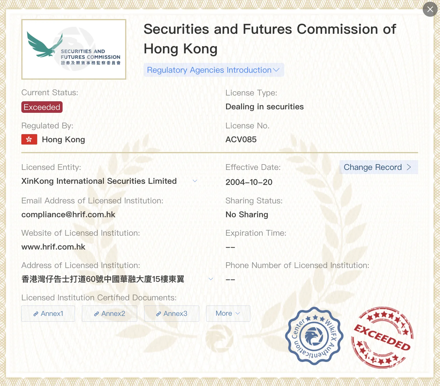 Exceeded SFC license Exceeded SFC license