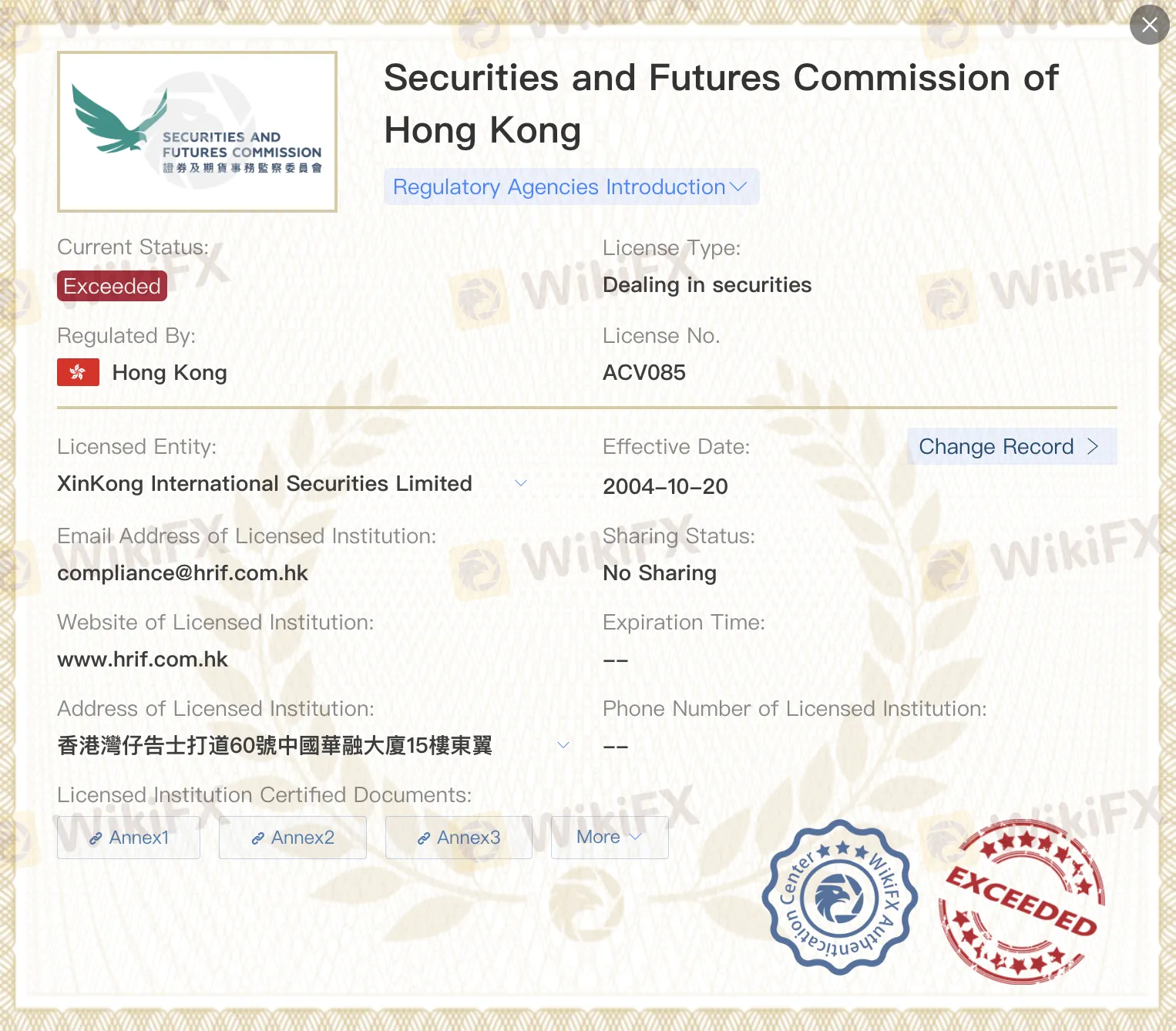 Exceeded SFC license Exceeded SFC license