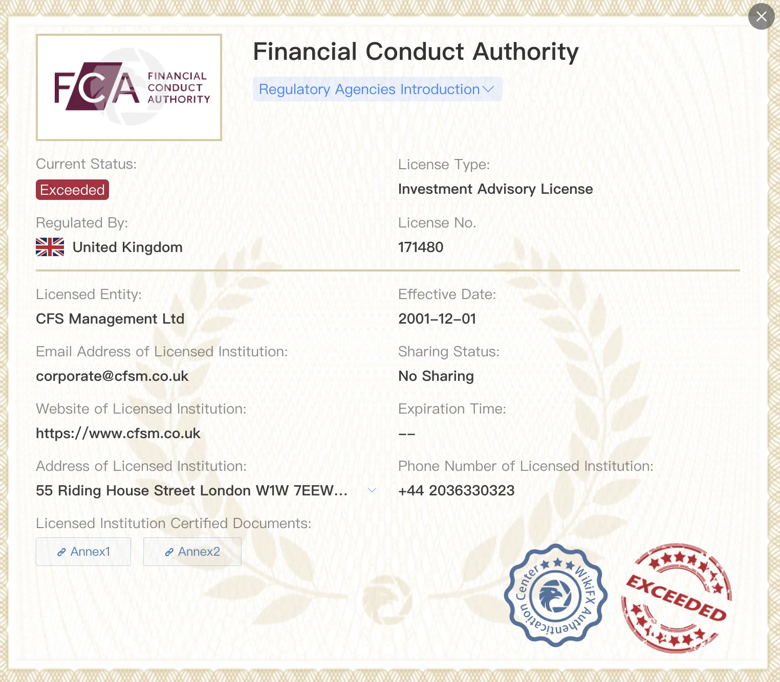 Exceeded FCA license Exceeded FCA license