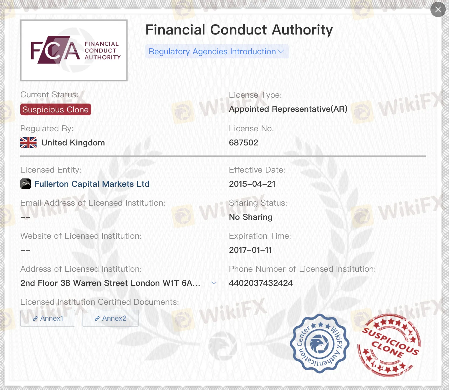 Licence FCA de clone suspect