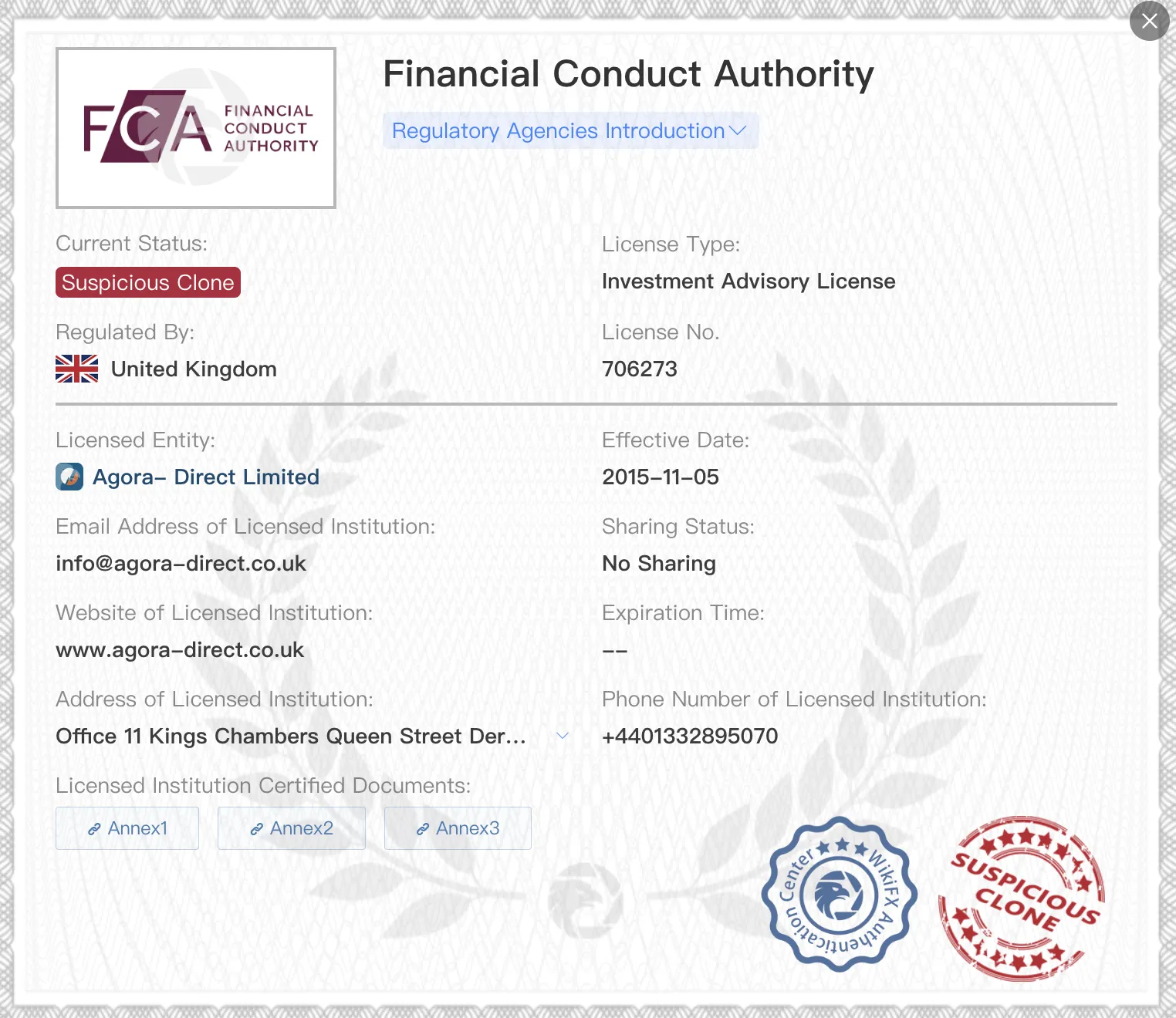 Suspicious clone FCA license