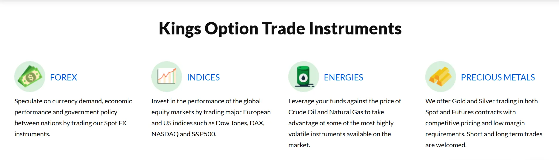 O que posso negociar na Kings Option Trade?
