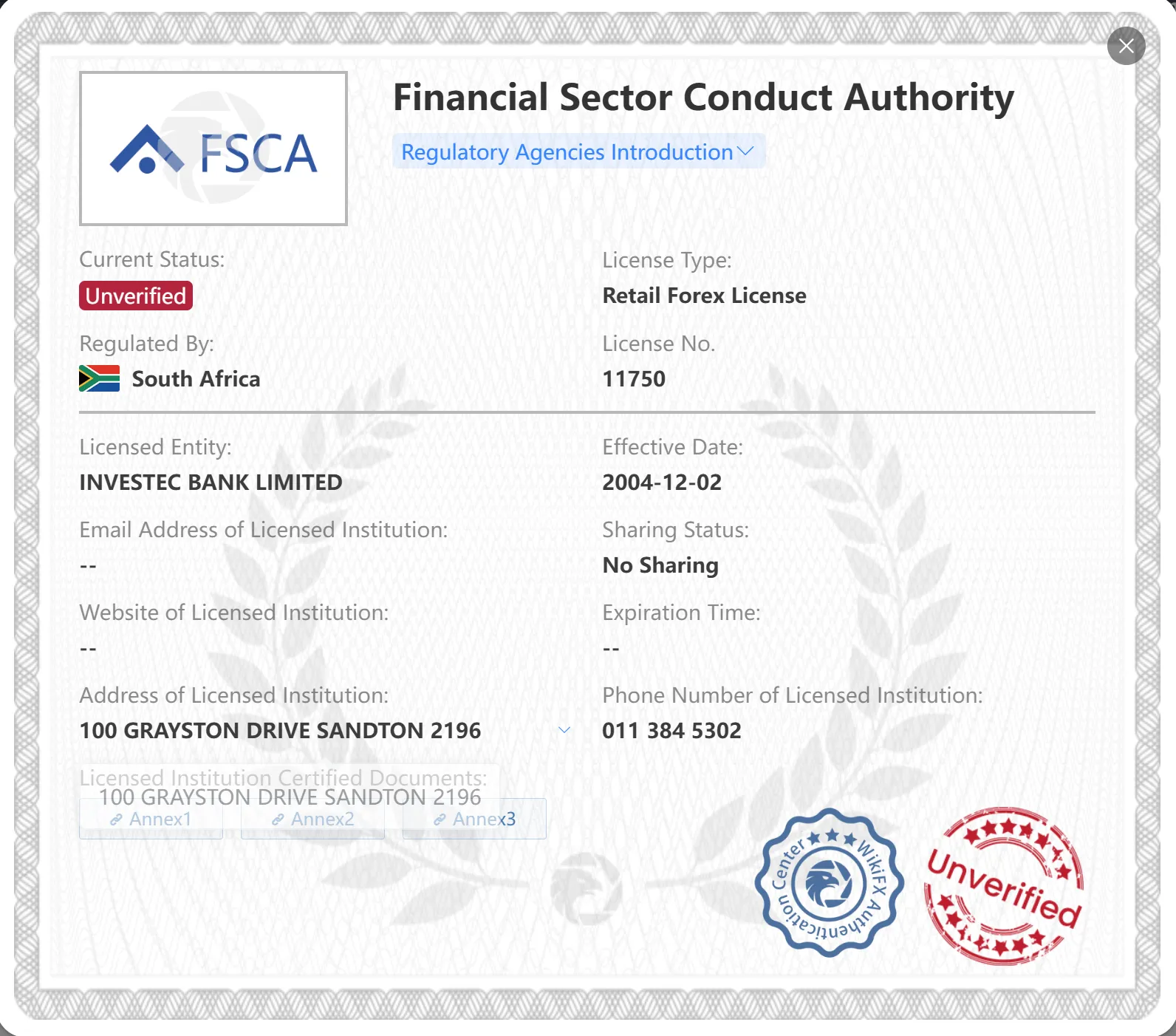 ใบอนุญาต FSCA ที่ยังไม่ได้รับการยืนยัน ใบอนุญาต FSCA ที่ยังไม่ได้รับการยืนยัน