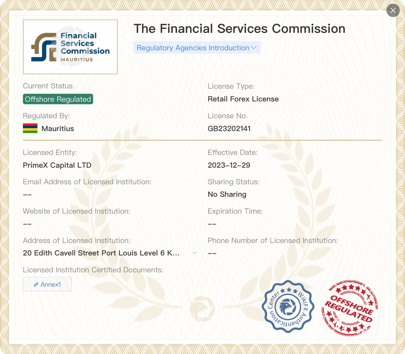 Apakah PrimeX Capital Legal?