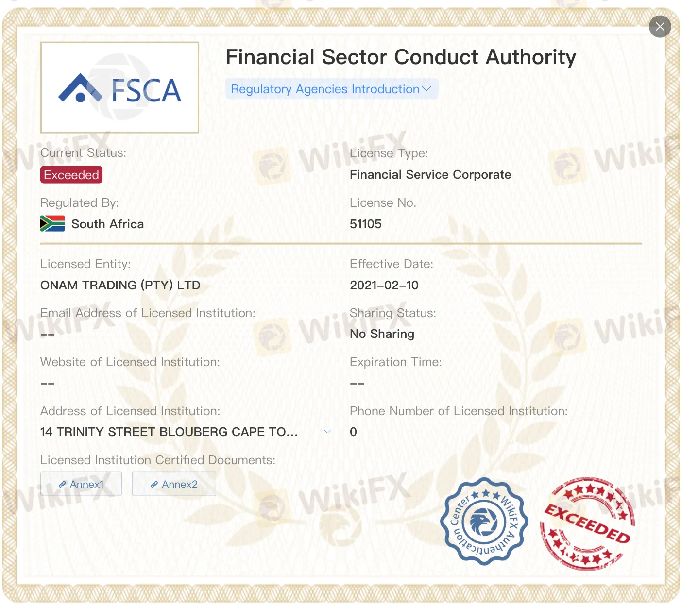 Exceeded FSCA license