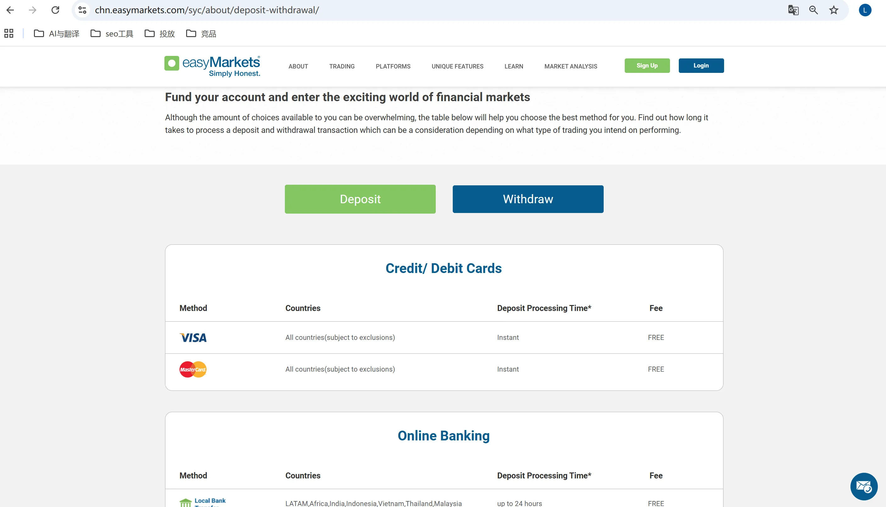 easyMarkets Deposit and Withdrawal details easyMarkets Deposit and Withdrawal details
