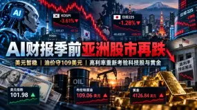 AI财报季前亚洲股市再跌:美元暂稳、油价守109美元,市场重新审视高利率风险